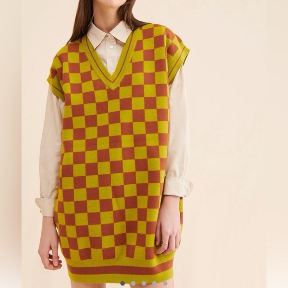 Saint Geraldine Dresses & Skirts - Saint Geraldine Free People Checkered Sweater Vest Mini Dress Lime Rust Preppy
